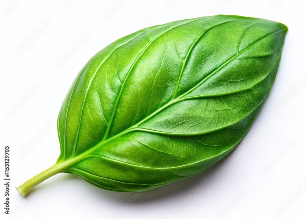 Fototapeta premium Fresh Green Basil Leaf Isolated on White Background - Aerial View Stock Photo