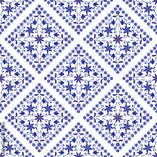 Deep blue and indigo color Arabic floral ethnic square motif seamless pattern for wallpaper and tile