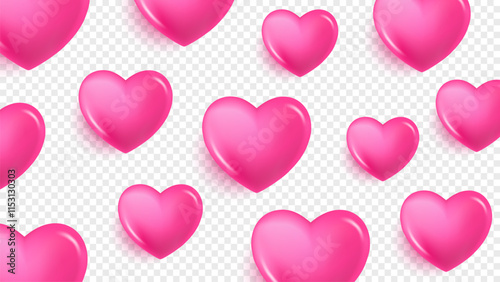 3d bright pink hearts on transparent background. Festive overlay template for Wedding Day invitations or Valentine's Day greetings. Vector illustration.