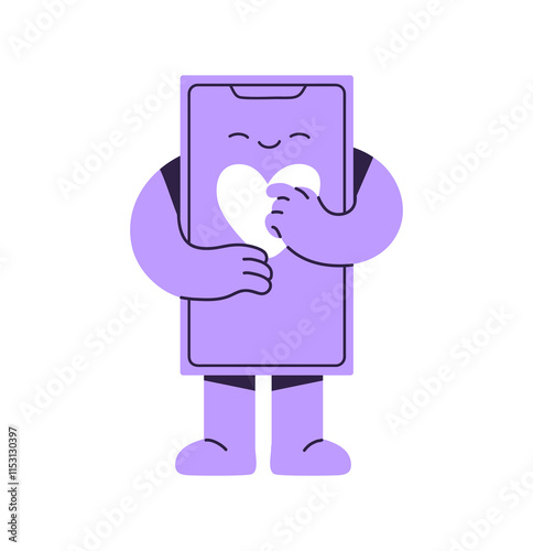 Phone mascot clicks on like in the Internet. Happy smartphone presses with finger on love symbol on screen. Telephone character with heart sign. Flat isolated vector illustration on white background