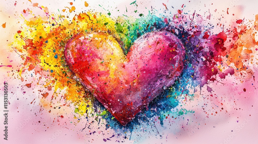 heart illustration surrounded by watercolor splashes in vibrant rainbow hues on a pastel pink background 