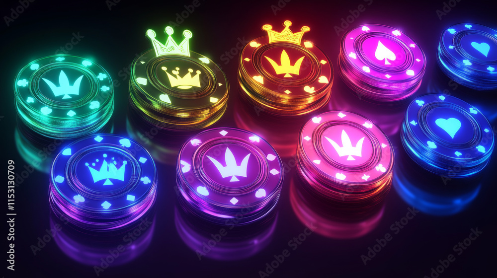 Neon poker game chips with crown light vector. Isolated 3d led chips icon in green, pink, blue and yellow set for Vegas online app. Vip gambling currency token wealth for blackjack digital design Neon poker game chips with crown light vector. Isolated 3d led chips icon in green, pink, blue and yellow set for Vegas online app. Vip gambling currency token wealth for blackjack digital design