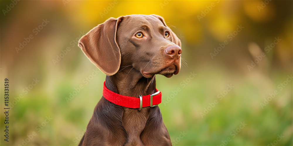 Brown dog with a red collar looking attentively in a sunny field. The background of blurred green grass adds a peaceful, natural atmosphere. Brown dog with a red collar looking attentively in a sunny field. The background of blurred green grass adds a peaceful, natural atmosphere.