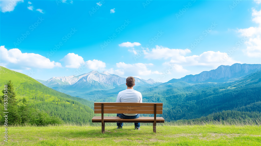 Man sitting on a bench, overlooking a serene mountain landscape. A clear blue sky and lush greenery evoke a sense of peace and introspection. Man sitting on a bench, overlooking a serene mountain landscape. A clear blue sky and lush greenery evoke a sense of peace and introspection.