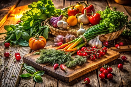 Fresh Vegetables & Herbs on Rustic Wooden Cutting Board - Stock Photo