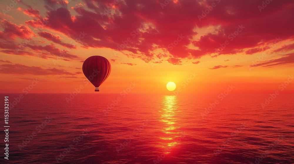 Sea landscape with flying hot air balloon at sunset. Vector cartoon illustration of airship with basket fly over ocean or lake, evening sun on horizon and bright red sky with clouds Sea landscape with flying hot air balloon at sunset. Vector cartoon illustration of airship with basket fly over ocean or lake, evening sun on horizon and bright red sky with clouds