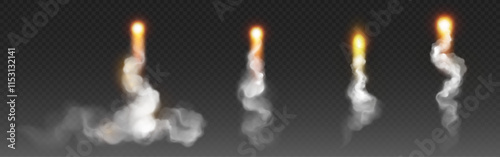 Rocket launch smoke and fire trails set isolated on transparent background. Vector realistic illustration of curvy jet steam line, aircraft or missile flight, orange flash and spacecraft contrail