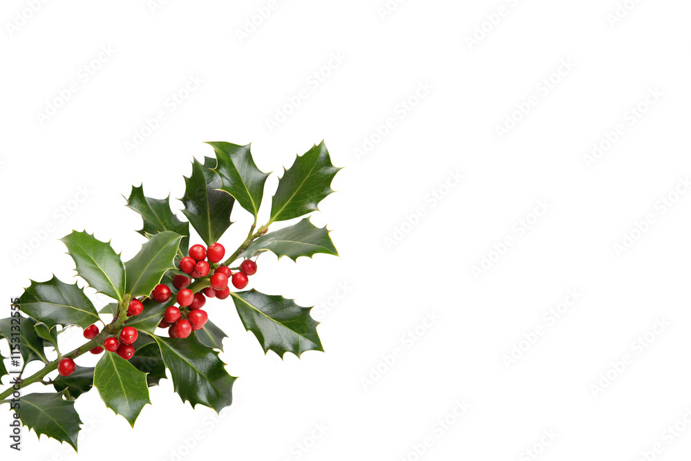Holly Sprig with Red Berries on White Background Holly Sprig with Red Berries on White Background