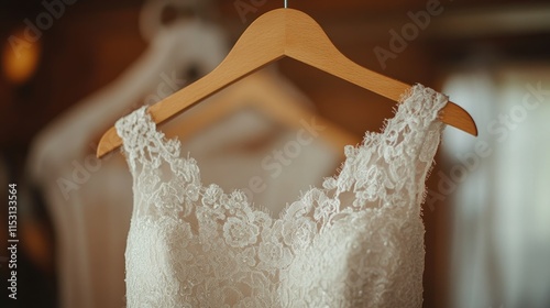 Elegant Lace Wedding Dress Hanging on Wooden Hanger photo