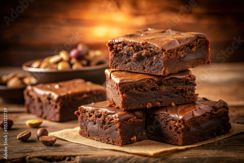 Delicious brownies stacked on rustic wooden table, showcasing rich, chocolate texture. Perfect for dessert lovers, these treats are complemented by nuts in background