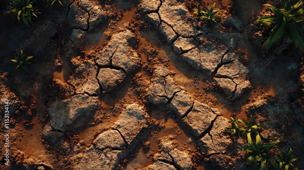 Aerial view of cracked soil with green plants, showcasing drought or land degradation. Aerial view of cracked soil with green plants, showcasing drought or land degradation.