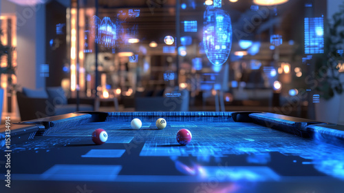 Wallpaper Mural Hologram Billiards. A holographic projection of the billiard balls and cue. Flickering energy flux of particles. Scientific sports design. Torontodigital.ca