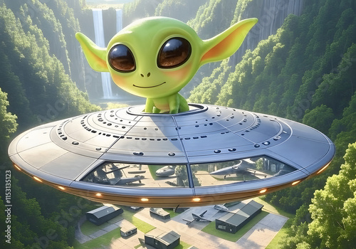 Mysterious alien child piloting a spaceship over a hidden military base with waterfalls in the background
