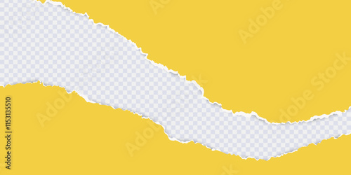 Yellow piece of paper with torn edges and soft shadow. Blank mockup for text or message on transparent. 3D vector illustration for presentation, advertising, website, banner layout