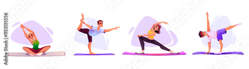 People practicing yoga stretch poses set - cartoon characters demonstrating balance, flexibility exercises on mats. Athletic figures performing various training positions for wellness design.