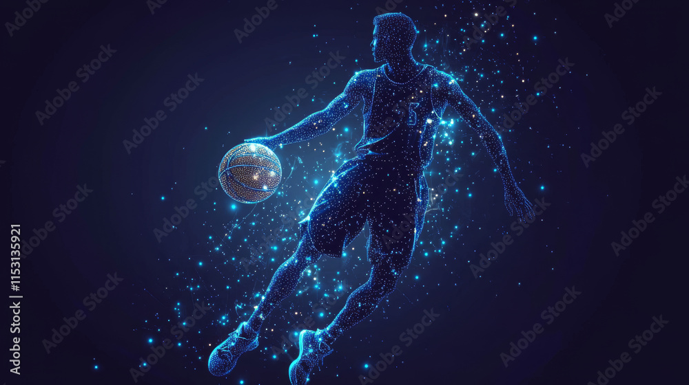 Basketball which is composed of pixels. Particles in the form of a basketball player on a dark background. Vector illustration. Graphic concept of basketball.