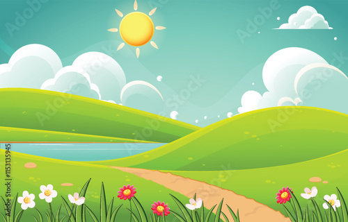 illustration of a green meadow with flowers and a blue sky