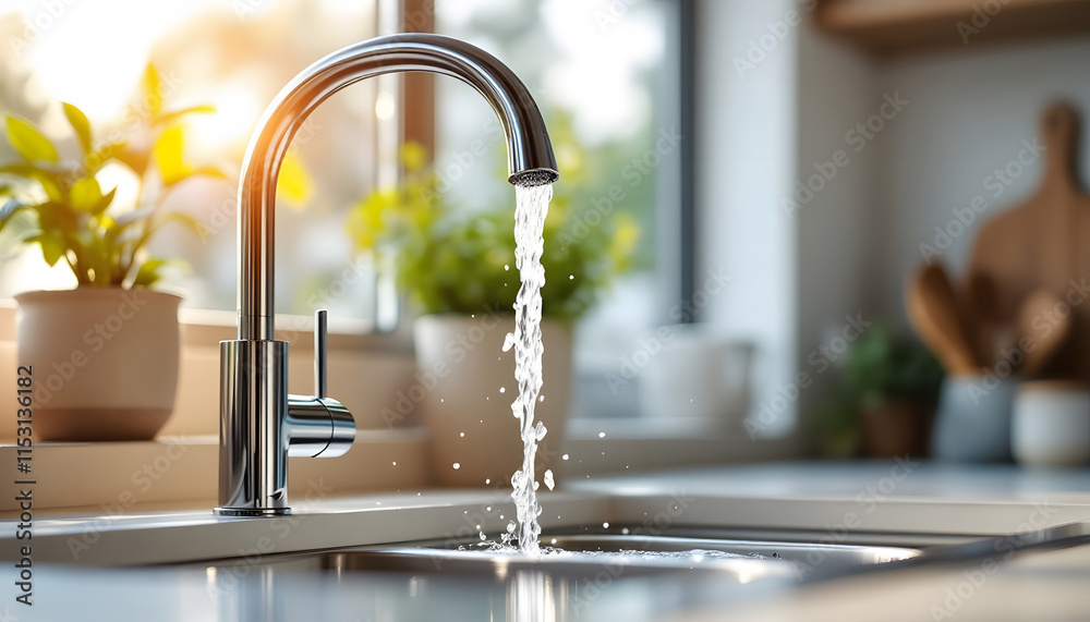 Flowing Kitchen Faucet, Clean Water in Sink, Modern Kitchen Sink. Chrome Faucet with Running Water Flowing Kitchen Faucet, Clean Water in Sink, Modern Kitchen Sink. Chrome Faucet with Running Water