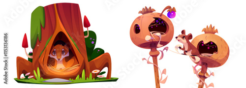 Cartoon forest dwellings - cute fox in tree hole home, mouse in dry seed pod houses. Magical nature scene - wildlife homes with glowing details, grass, decorative mushrooms for fairytale landscape.