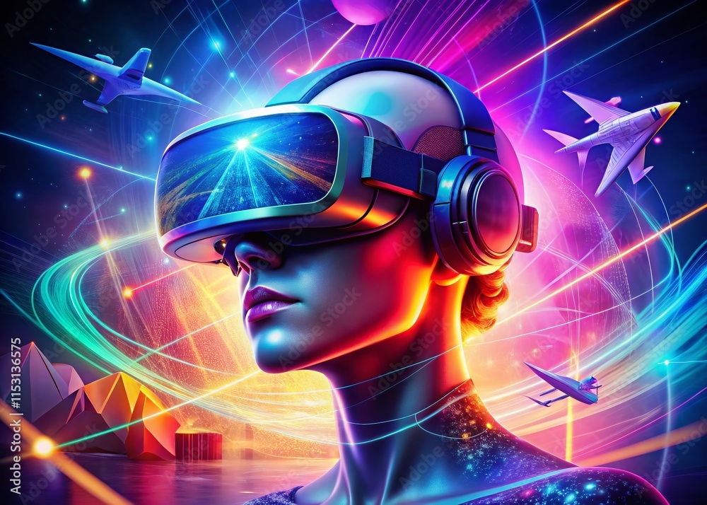 Futuristic VR Headset in Metaverse: Abstract Geometric Double Exposure Futuristic VR Headset in Metaverse: Abstract Geometric Double Exposure