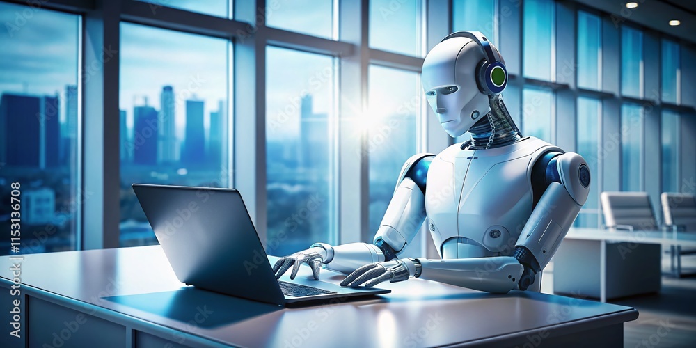 Futuristic White Robot Using Laptop Computer - AI Technology Concept Stock Photo Futuristic White Robot Using Laptop Computer - AI Technology Concept Stock Photo