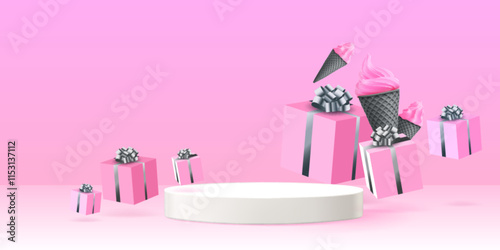 Pink celebration scene with round white podium, wrapped present boxes adorned with silver bows, floating waffle cones filled with soft serve ice cream dessert. Realistic 3d promotional setup.