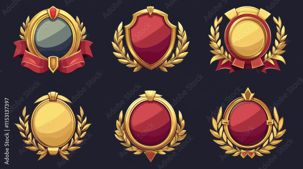 Golden game award shields, badges, level ui icons. Empty gold frames with red banners and laurel wreaths. Isolated bonus graphic elements, reward, trophy achievement and prize, Cartoon vector set Golden game award shields, badges, level ui icons. Empty gold frames with red banners and laurel wreaths. Isolated bonus graphic elements, reward, trophy achievement and prize, Cartoon vector set