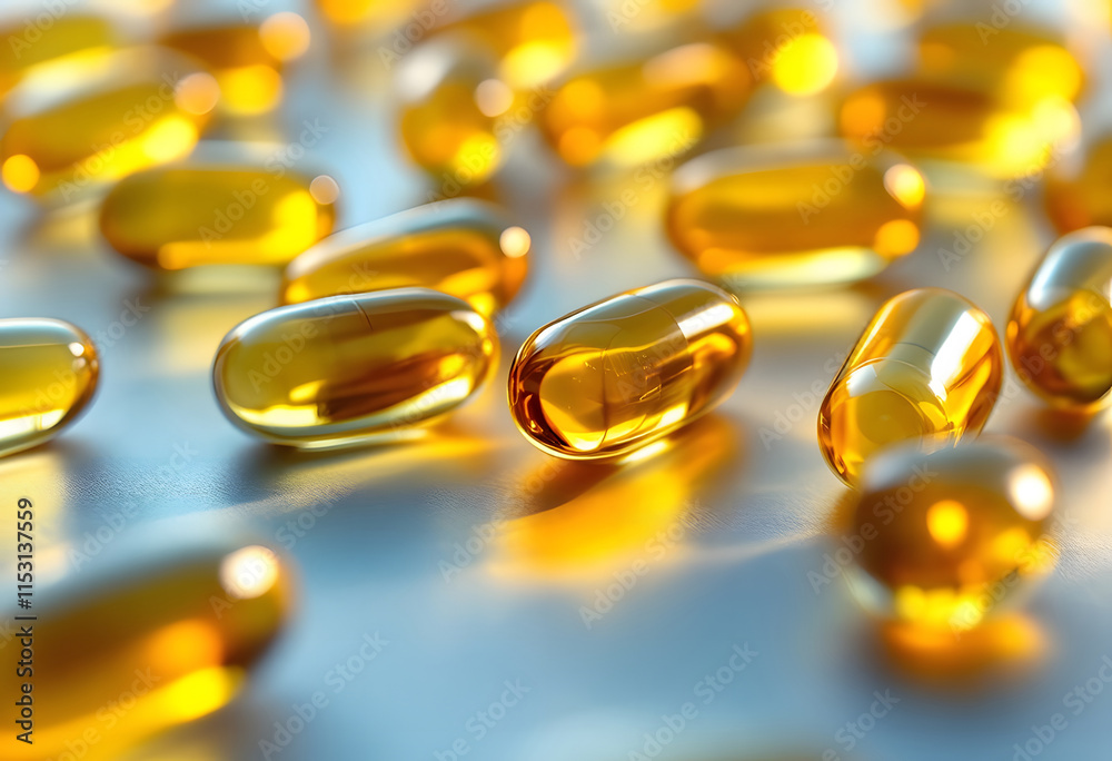Golden Gel Capsules, Fish Oil Supplement, Omega-3 Pills, Translucent Oil Capsules, Vitamin E Softgels, Health and Wellness Supplements