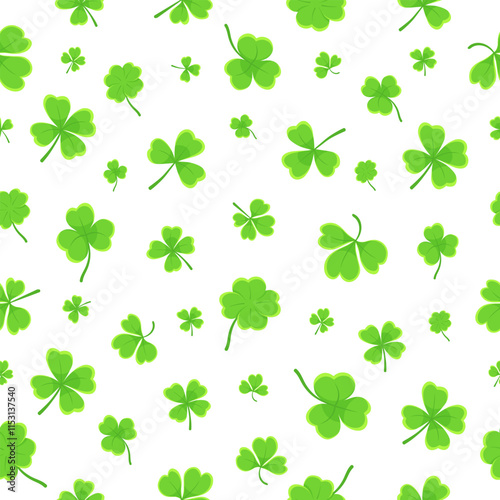 Shamrock or clover leaf flat design green seamless pattern falling leaves on white background vector illustration. Irish holiday celtic St Patrick day motif seamless pattern with shamrock clover leaf.