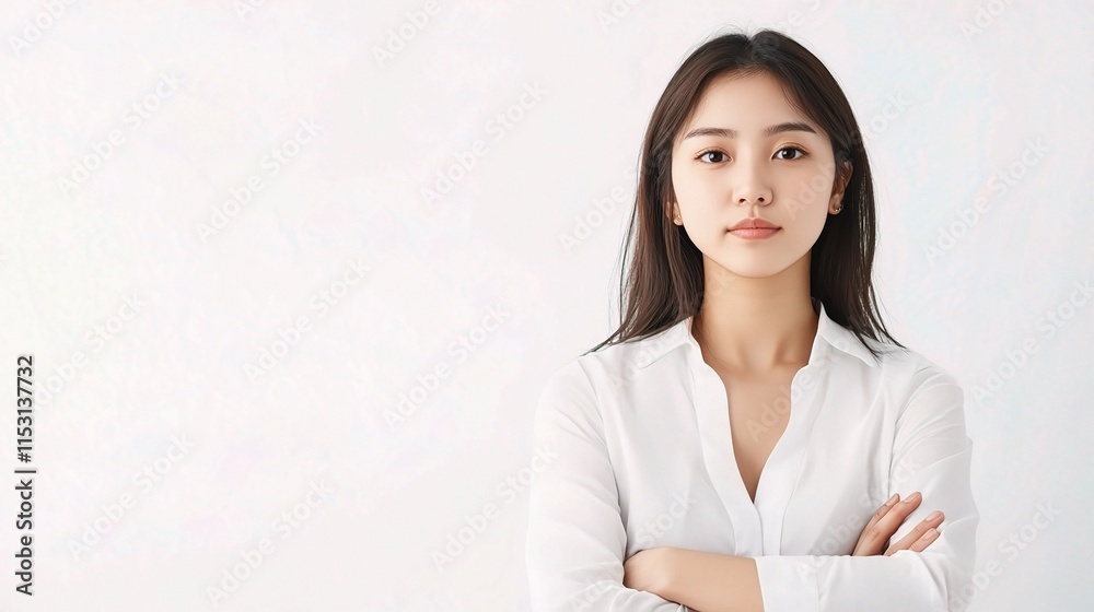 Confident Woman Portrait with Arms Crossed Against White Background Confident Woman Portrait with Arms Crossed Against White Background