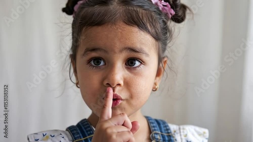 A young girl with a gesture of one index finger to her mouth indicating to be quiet