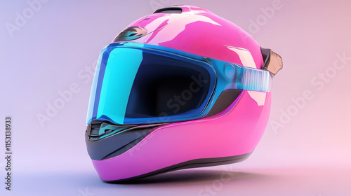 Motorcycle helmet for moto race and ride on scooter. Vector realistic illustration of 3d retro pink helmet with blue visor and glasses in front, back and angle view isolated on white background photo