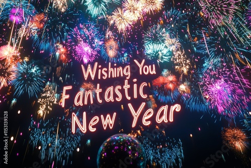 A colorful fireworks display with Wishing You a Fantastic New Year written in bold letters