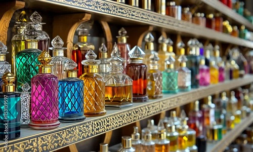A vibrant display of ornate perfume bottles on a decorative shelf.