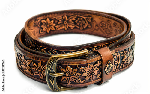 Antique Style Leather Belt with Floral Accents on white background.PNG photo