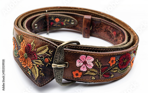 Vintage Leather Belt with Floral Embellishments on white background.PNG photo