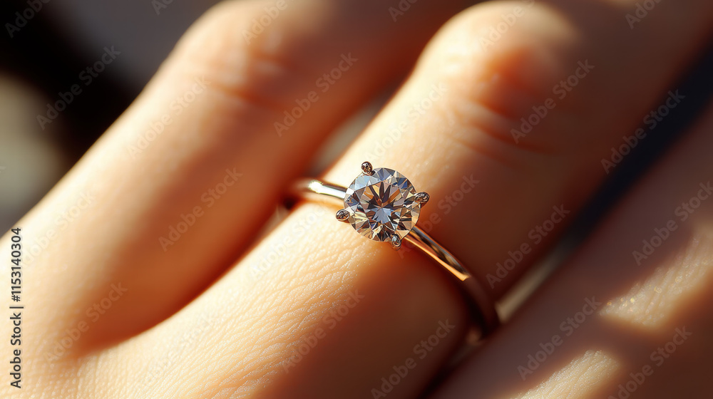 Close-up of the ring on her finger, a white gold solitaire engagement ring with a large round diamond Close-up of the ring on her finger, a white gold solitaire engagement ring with a large round diamond