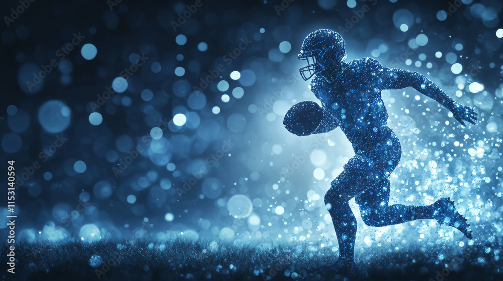 Naklejka premium Football of the particles carries in the wind. Silhouette of a football player from circles.