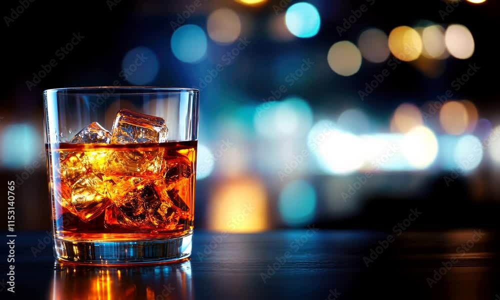 A close-up of a whiskey glass filled with ice, showcasing its rich amber color against a blurred background of city lights.