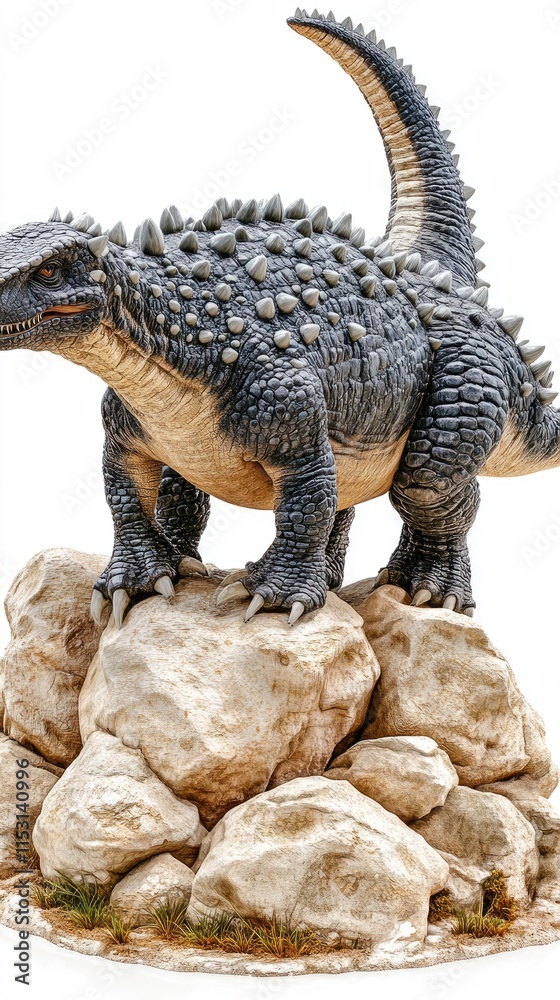 Fototapeta premium A detailed dinosaur figurine perched on rocks, showcasing its spiky texture and stance.