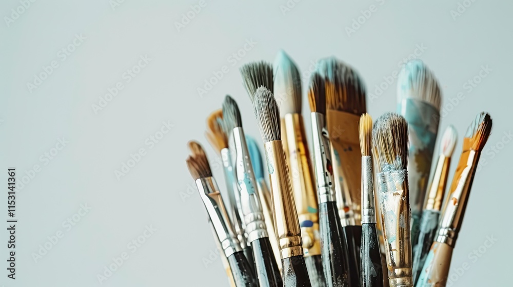 Fototapeta premium Various paintbrushes arranged together, showcasing different shapes and sizes for artistic projects