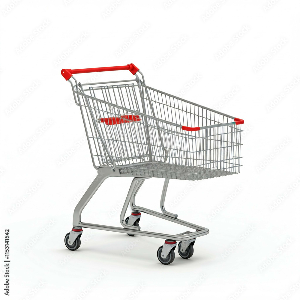 empty shopping cart on white background with red handles and silver wheels empty shopping cart on white background with red handles and silver wheels