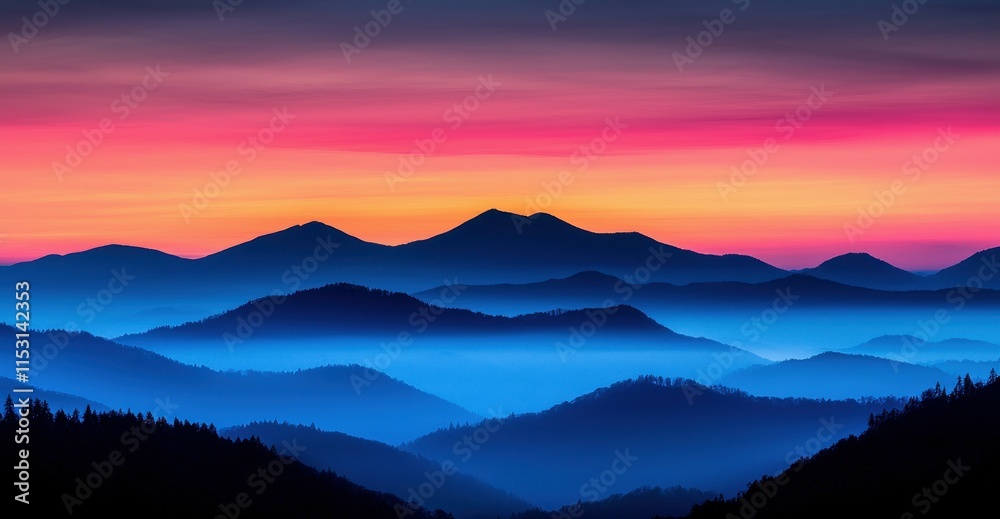 Obraz premium Serene Colorful Sunset Over Layered Mountain Silhouettes in Tranquil Landscape