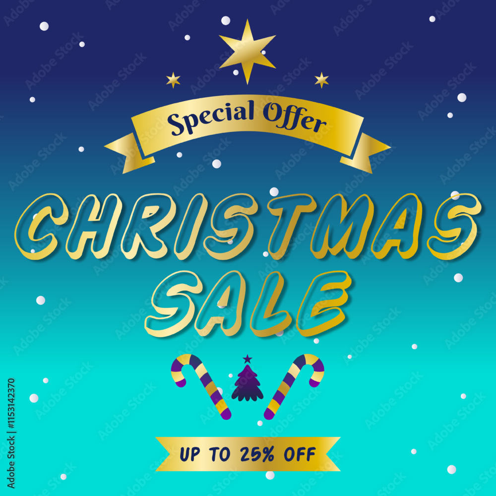 Fototapeta premium Merry Christmas Sale Promotion Poster or banner with Up to 25% off, Christmas element for Retail, Shopping or Christmas Promotion in Blue and gold style. 25% Discount. Special Offer.