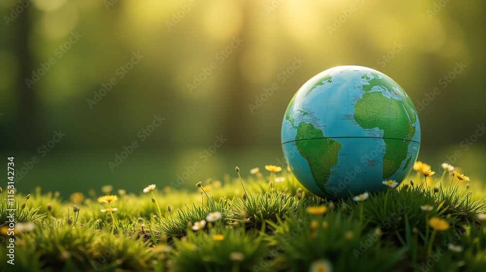 Green globe with wildflowers on grassy ground. Green globe with wildflowers on grassy ground.