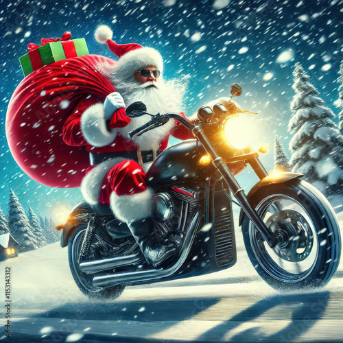 Santa claus riding a motorcycle in snowy winter wonderland at night photo