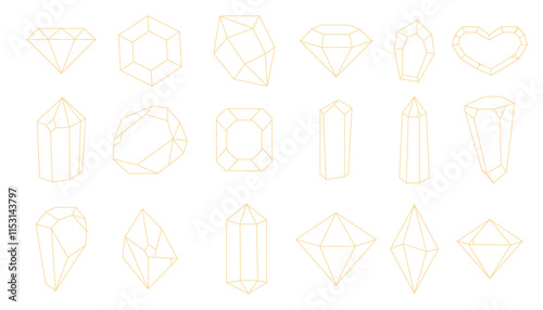 Crystal gemstone gold thin line polygon stone, contour gem, polyhedron. Elegant outline geometric quartz, jewel. Mineral linear icon.