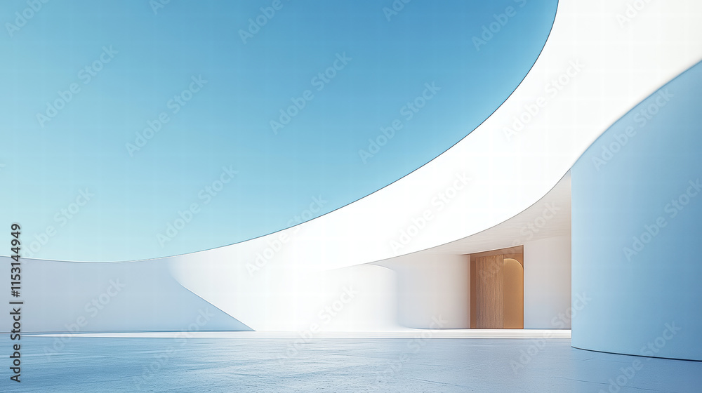 Minimalist interior of a white, curved wall, blue sky, and a large space with a door leading to an open room Minimalist interior of a white, curved wall, blue sky, and a large space with a door leading to an open room