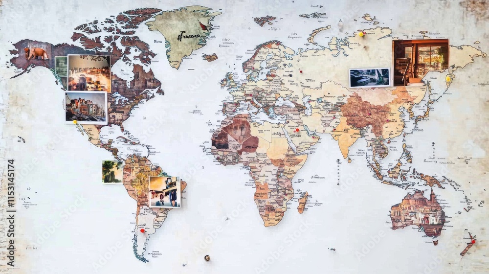 Naklejka premium An artistic world map featuring pinned photographs, evoking curiosity and travel memories.