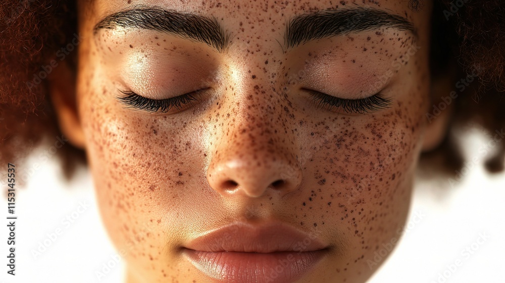 Fototapeta premium Freckled Mixed-Race Woman with Eyes Closed and Natural Beauty